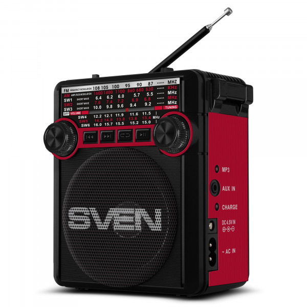Радиоприемник SVEN SRP-355 Красный, FM/AM/SW, 3W RMS, Плеер USB/SD, Телескопическая Антенна, Аккумулятор